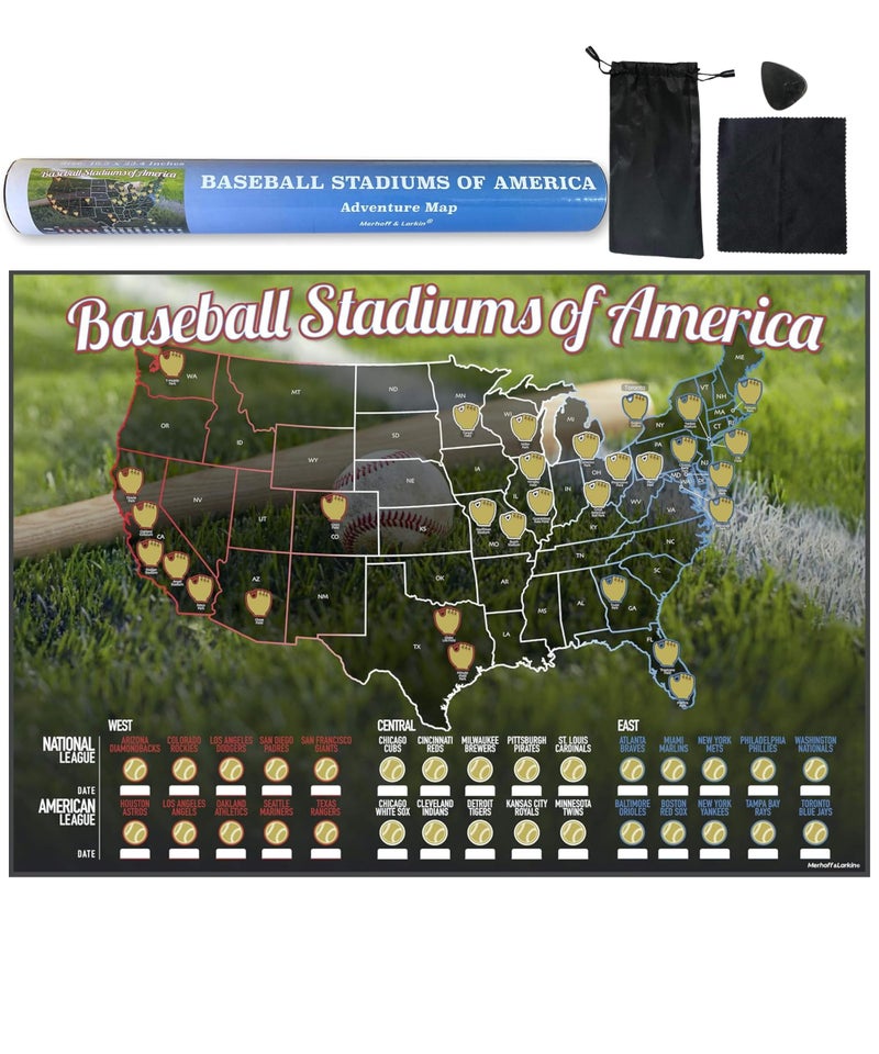 Merhoff & Larkin Baseball Stadiums of America Scratch Off Map | Lists National & Major League Teams | MLB Ballpark Wall Poster, Bucket List, & Tracker of Visited Parks | Gift for Baseball Enthusiasts & Sport Fans - Image 1